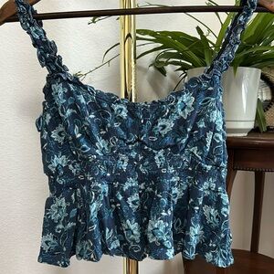 Dark blue paisley cropped tank top with frilly edges